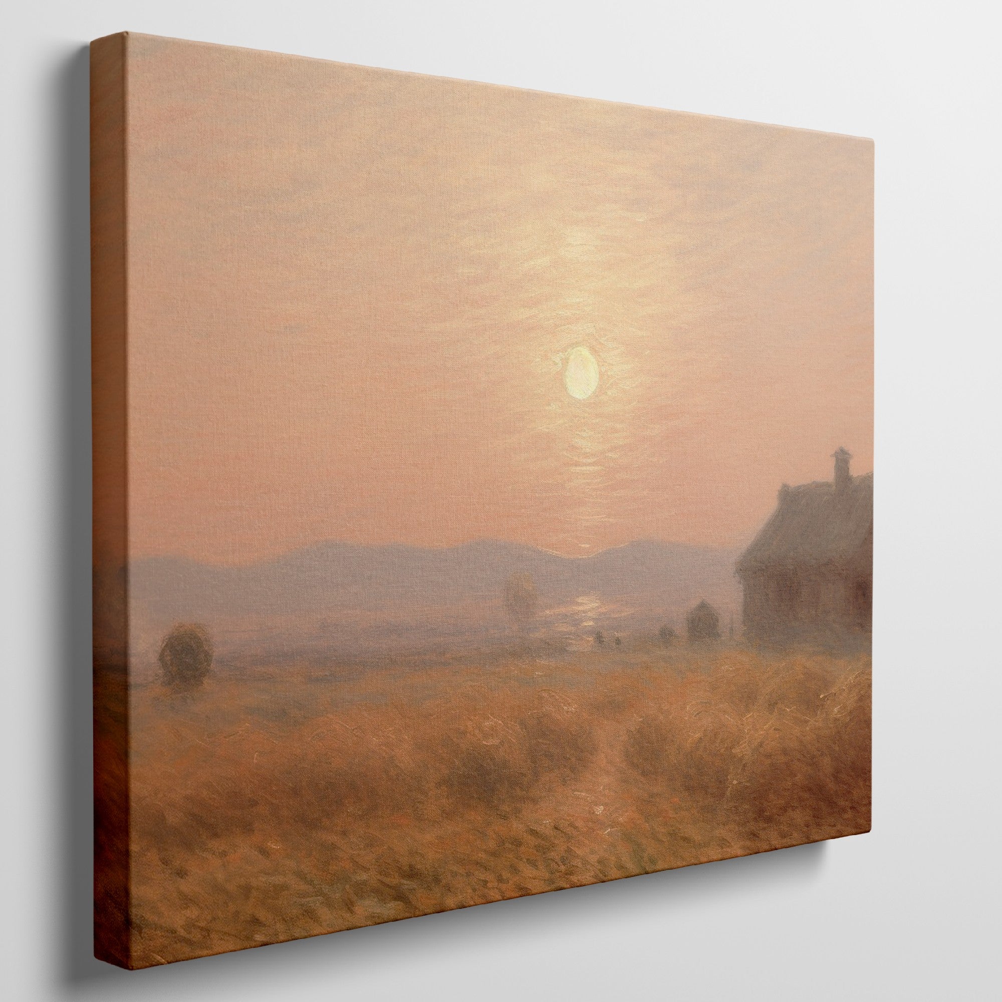 Framed canvas print of a misty, Impressionist-style sunset over a rustic countryside landscape with warm tones