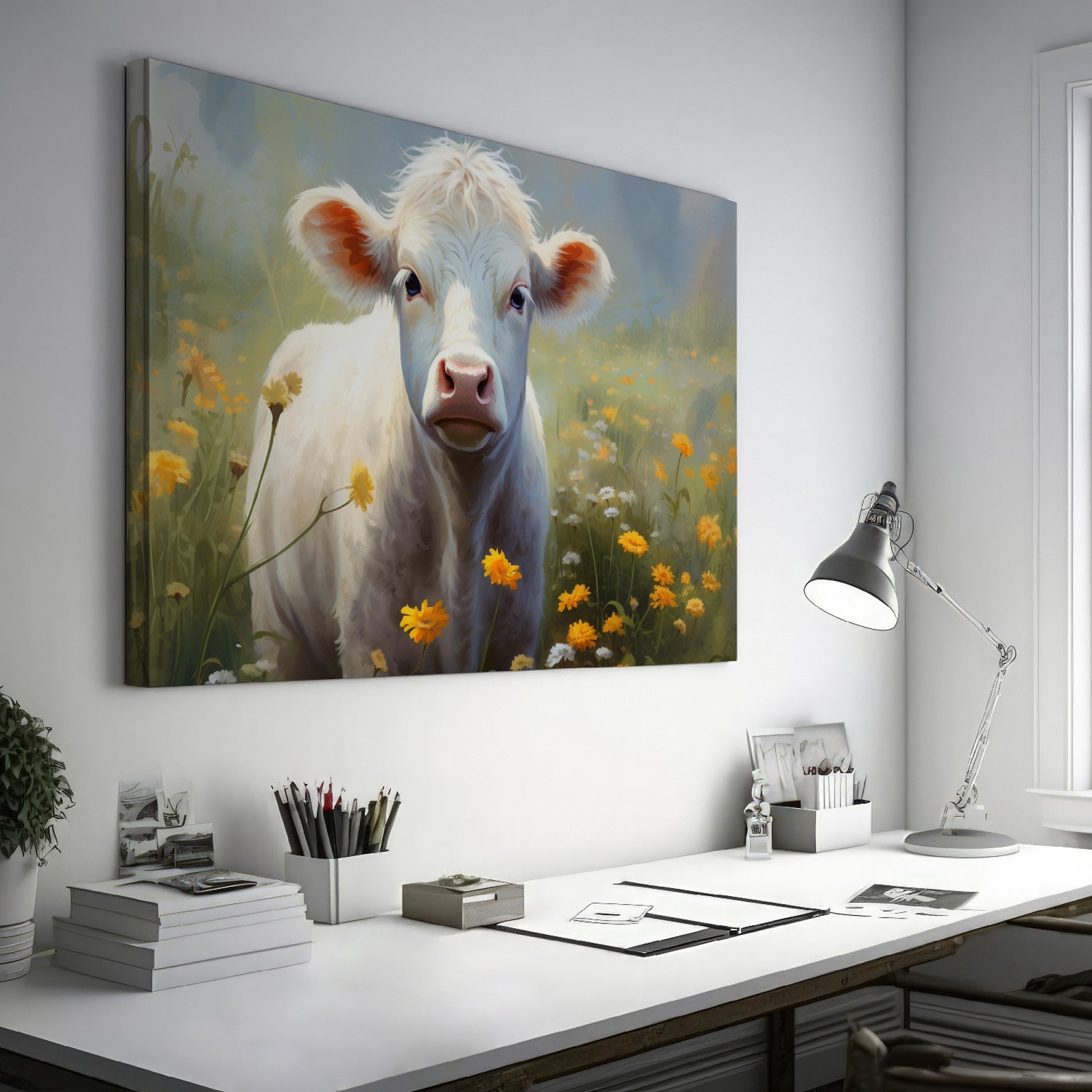 Framed canvas print of a serene cow surrounded by a vibrant wildflower meadow