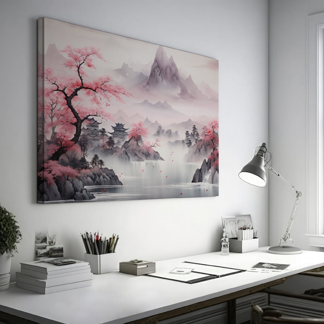 Framed canvas print of a traditional Asian landscape with cherry blossoms and misty mountains