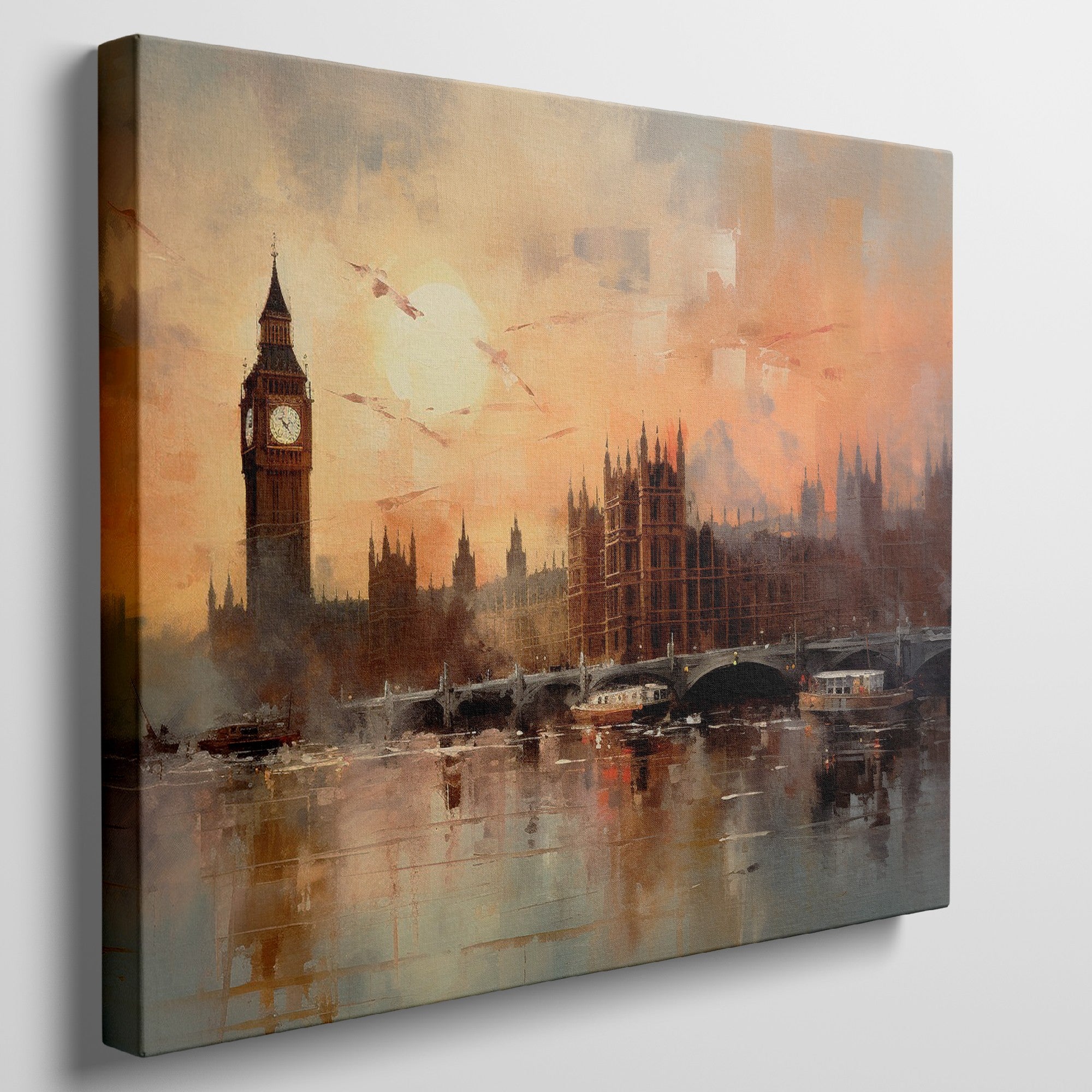 Framed canvas print of an impressionist painting featuring the London skyline with Big Ben at sunset