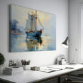 Framed canvas print of tranquil dawn light with an elegant sailing ship reflecting in the ocean