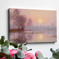 Framed canvas print of a misty river sunrise with reflection and soft pastel colours in impressionist style