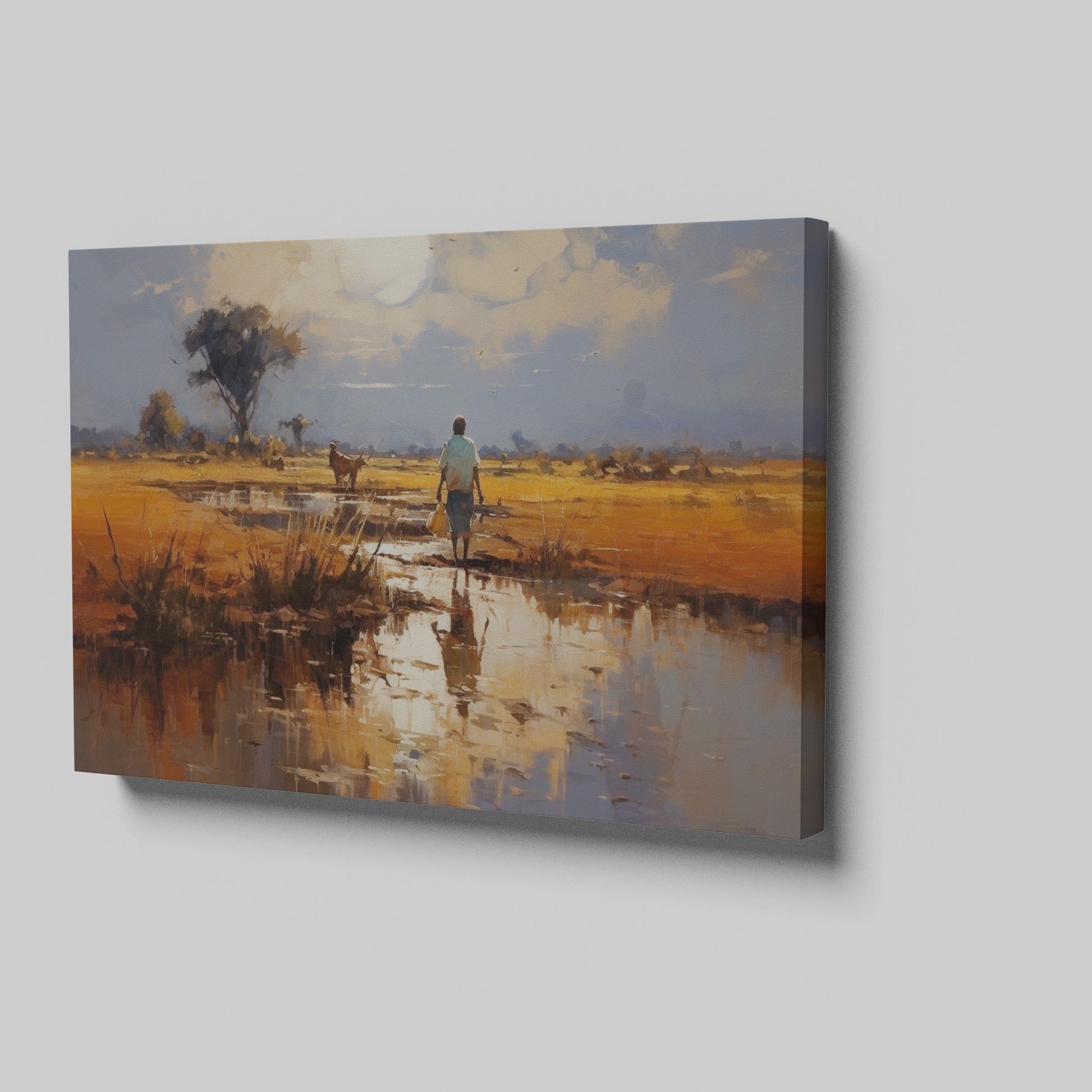 Framed canvas print of a tranquil African savannah landscape with warm sunset and water reflections