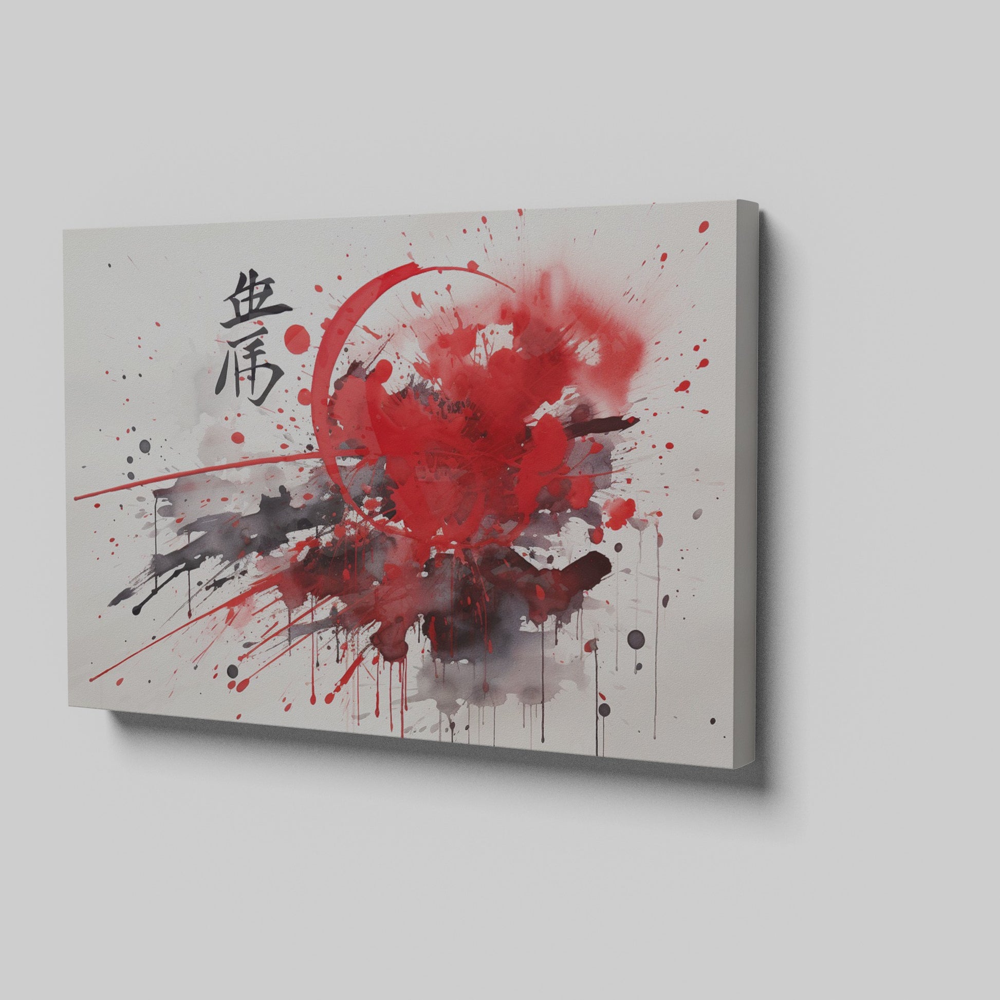 Framed canvas print of abstract red and black ink splash with oriental calligraphy