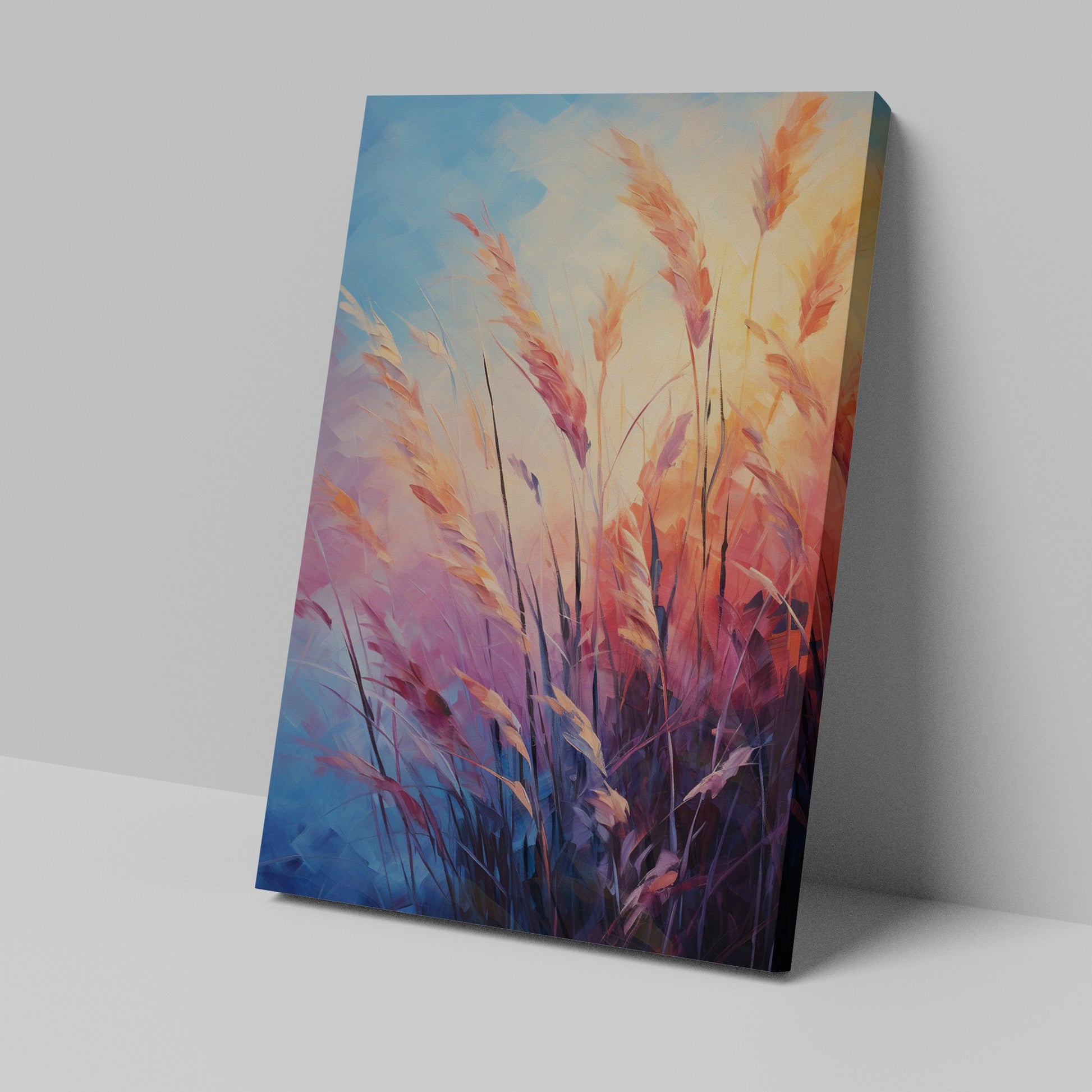 Framed canvas print of abstract pampas grass in sunset colours against a blue sky