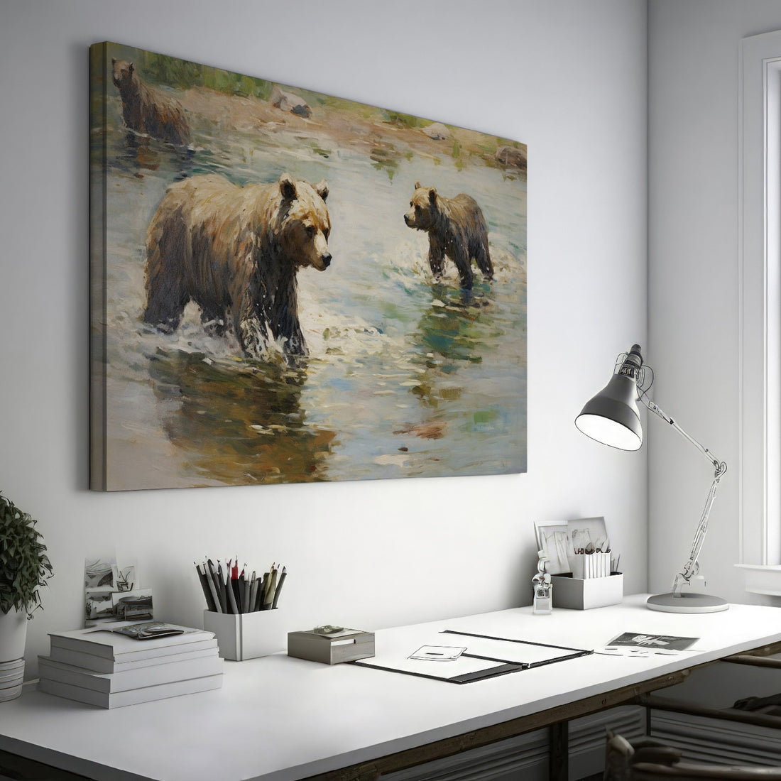 Framed canvas print of grizzly bears wading through water in an impressionist style