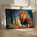 Framed canvas print of an abstract geometric lion in a vibrant autumn forest