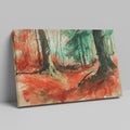 Framed canvas print of an abstract watercolour forest in vibrant red and green hues