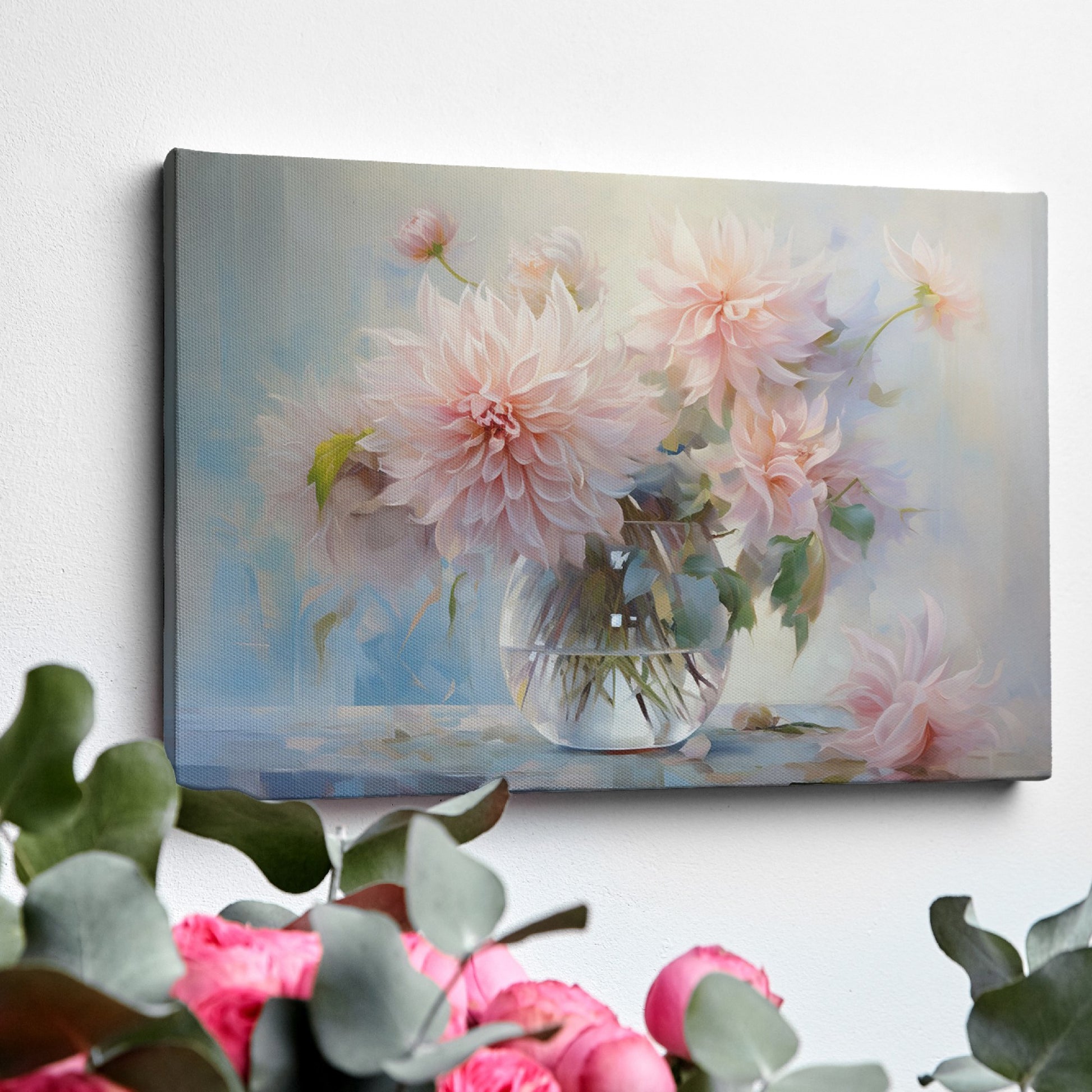 Framed canvas print of delicate dahlias in a glass vase with a soft pastel palette