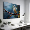 Framed canvas print of a realistic blue jay perched on a branch with intricate detail and vibrant colours