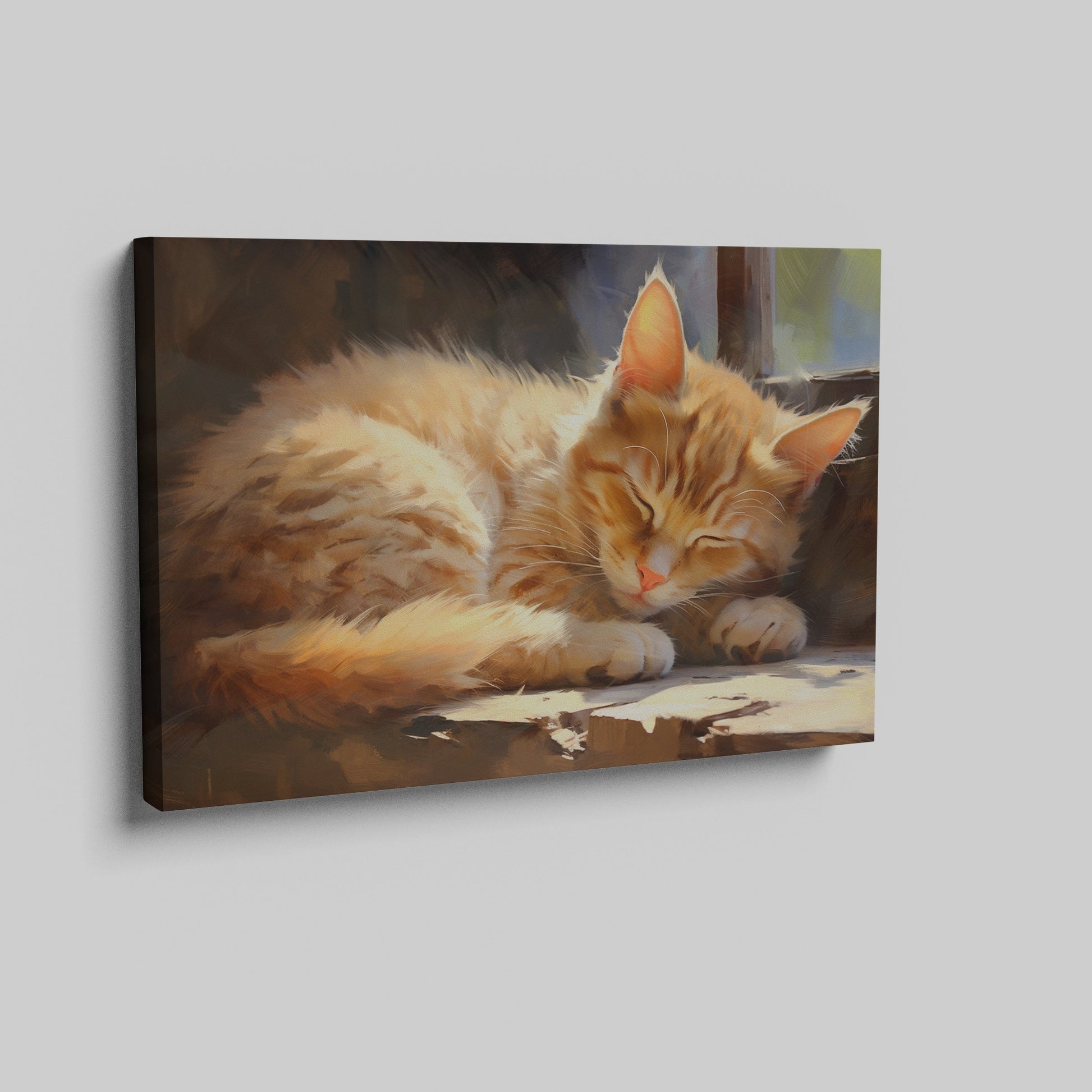 Framed canvas print of a realistic sleeping tabby cat in warm, sunlit tones