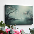 Framed canvas print of a mystical figure amidst ethereal trees and reflective waters, in pastel shades of blue and grey