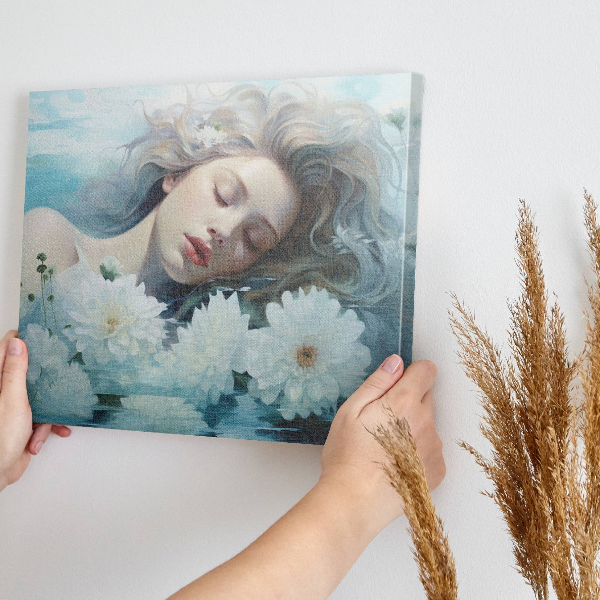 Framed canvas print of a dreamy, ethereal portrait with flowers and water reflections