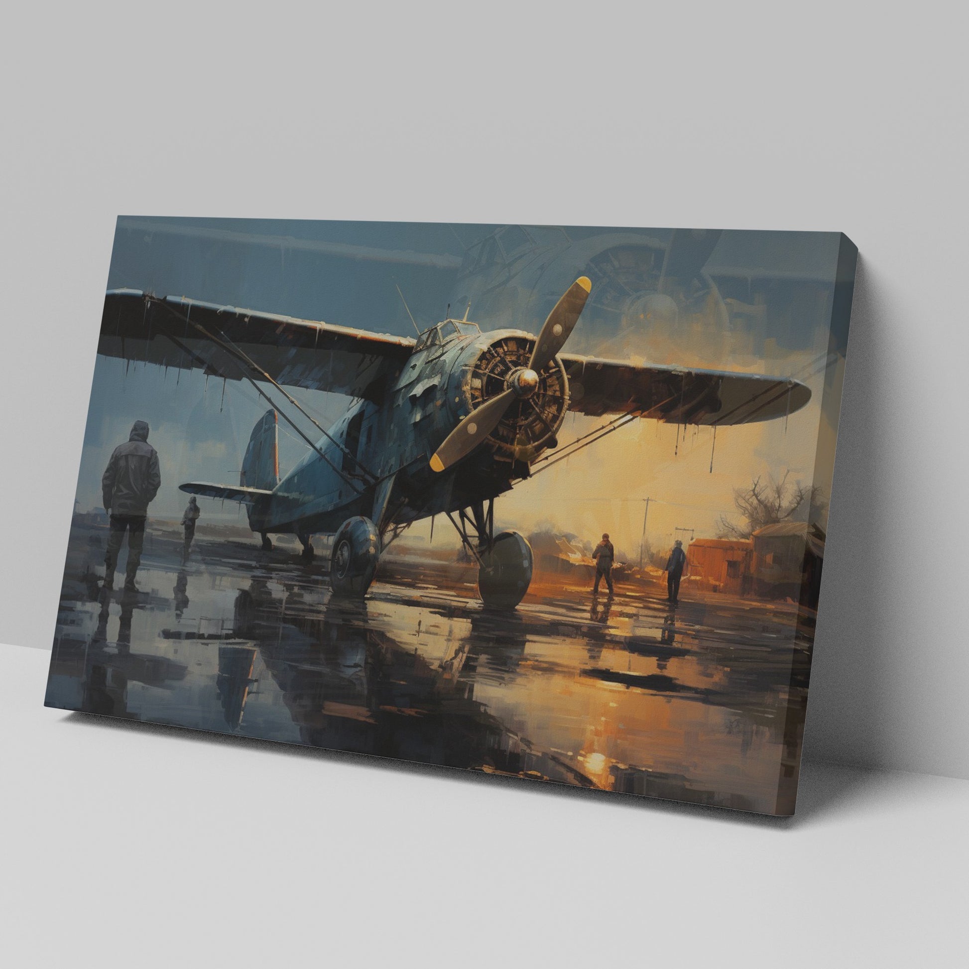 Framed canvas print of vintage warplane at a reflective wet airfield during twilight