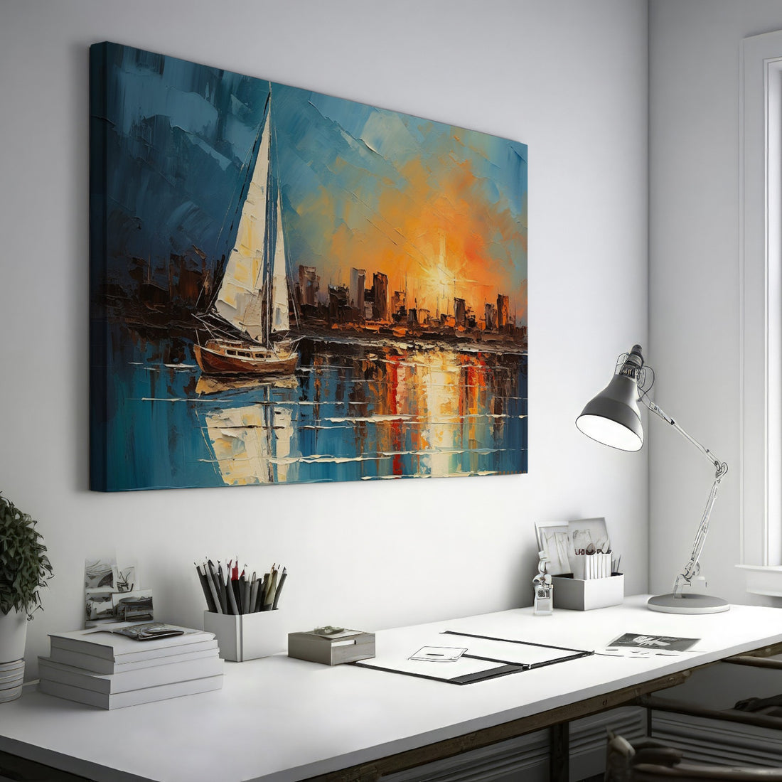 Framed canvas print of an impressionist painting with a sailboat against a sunset cityscape reflecting on the water