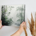 Framed canvas print of a misty oriental bamboo forest in ink wash style