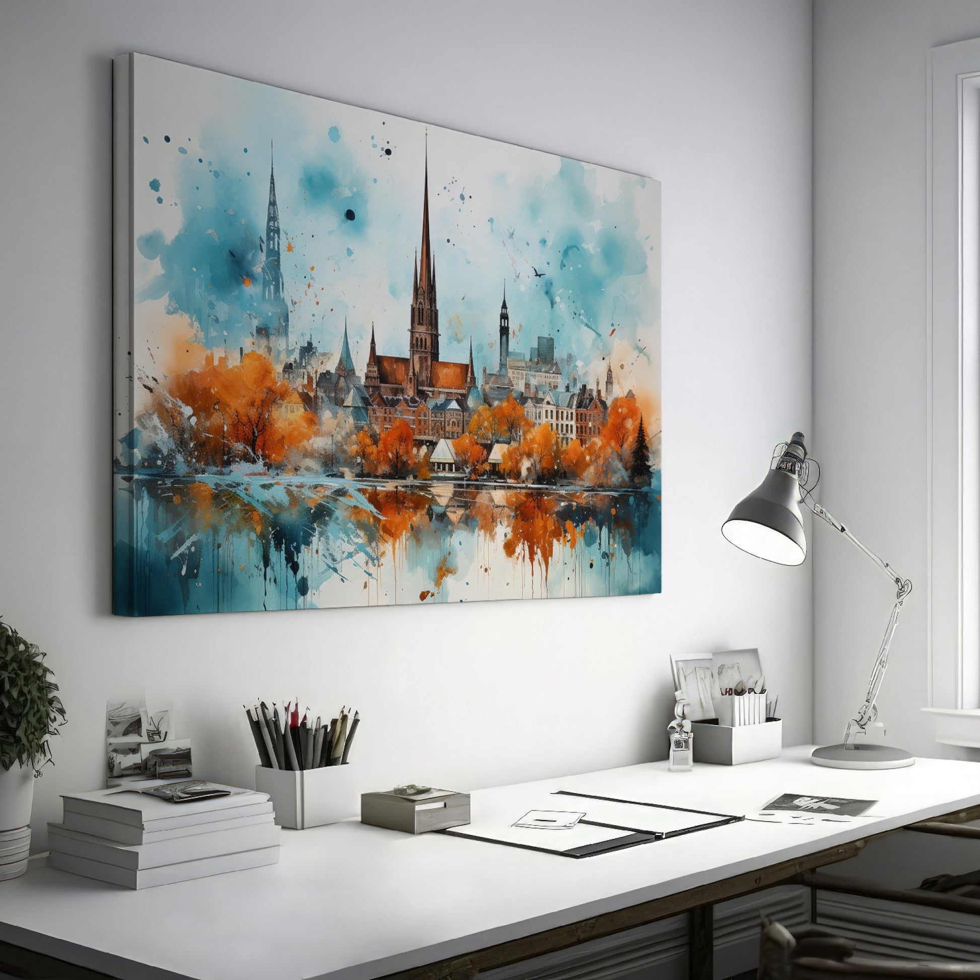 Framed canvas print of impressionist watercolor cityscape with autumn colors and urban reflection