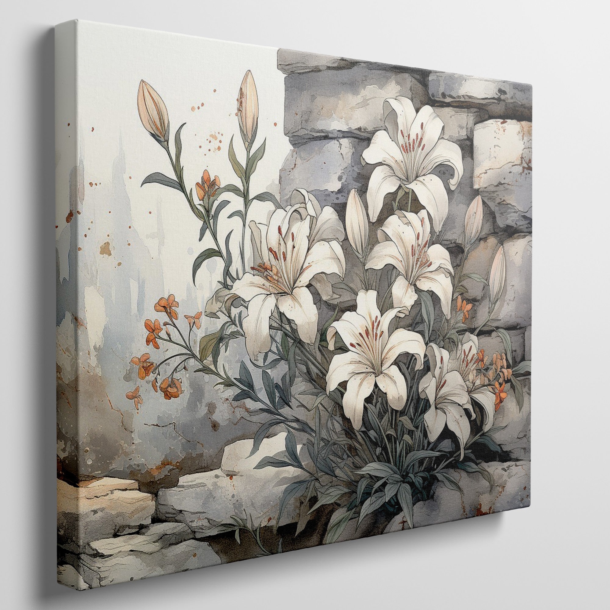 Framed canvas print of elegant white lilies with orange flowers against a rustic stone background, in watercolour style