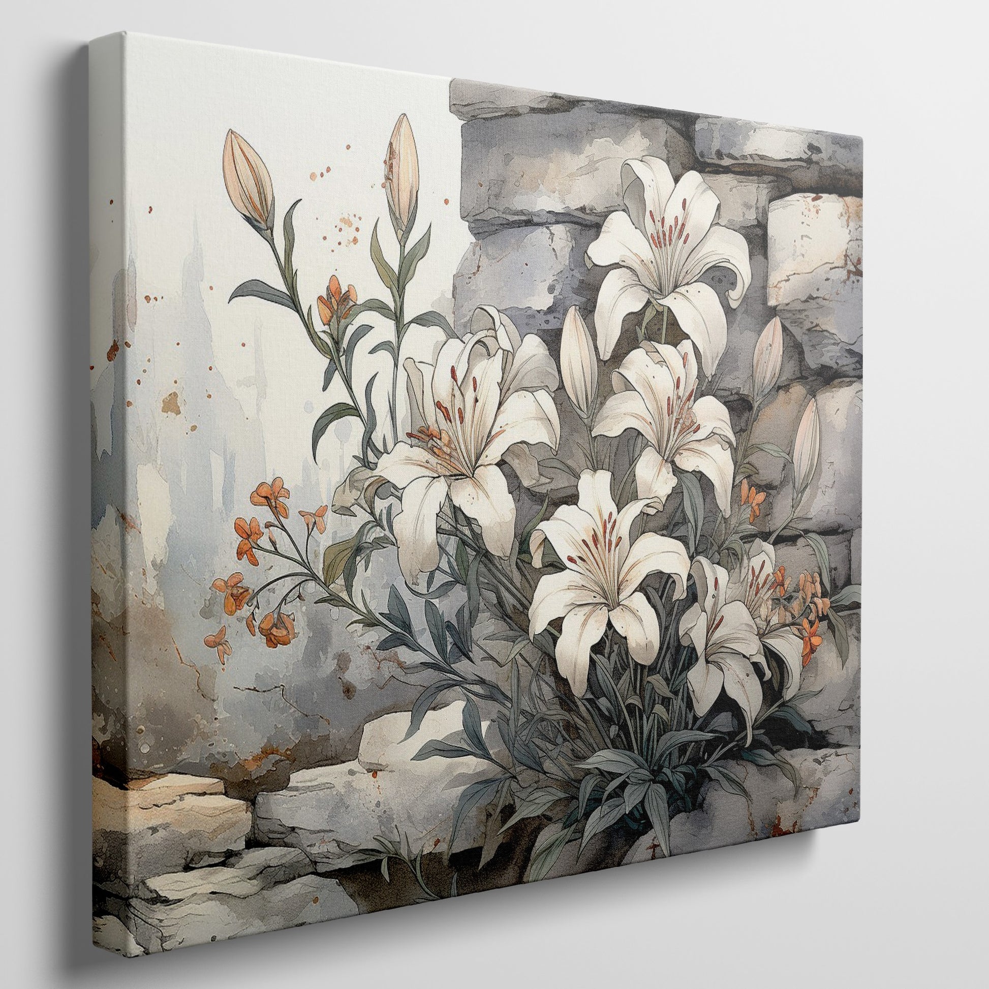 Framed canvas print of elegant white lilies with orange flowers against a rustic stone background, in watercolour style