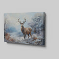 Framed canvas print of a majestic stag in a snowy wilderness, painted in impressionist style with a cool colour palette