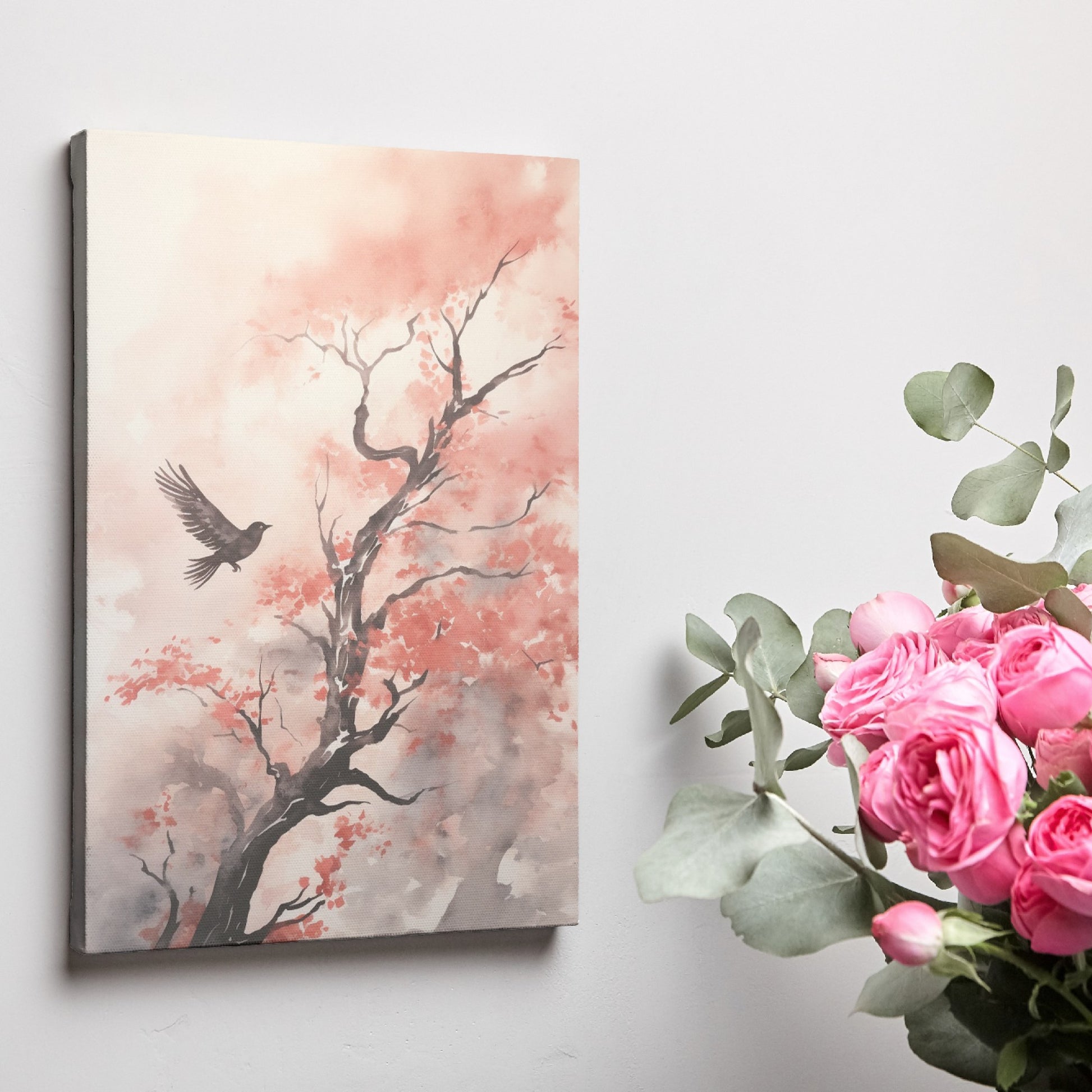 Framed canvas print of watercolour bird flying near red leaves on a tree