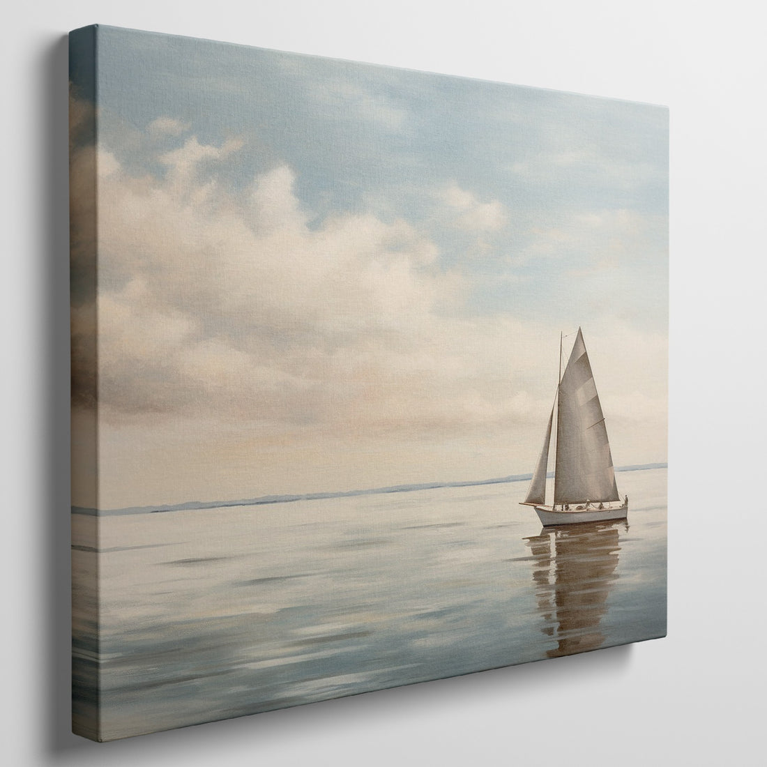 A peaceful painting of a sailboat sailing on calm ocean waters with clouds in the sky