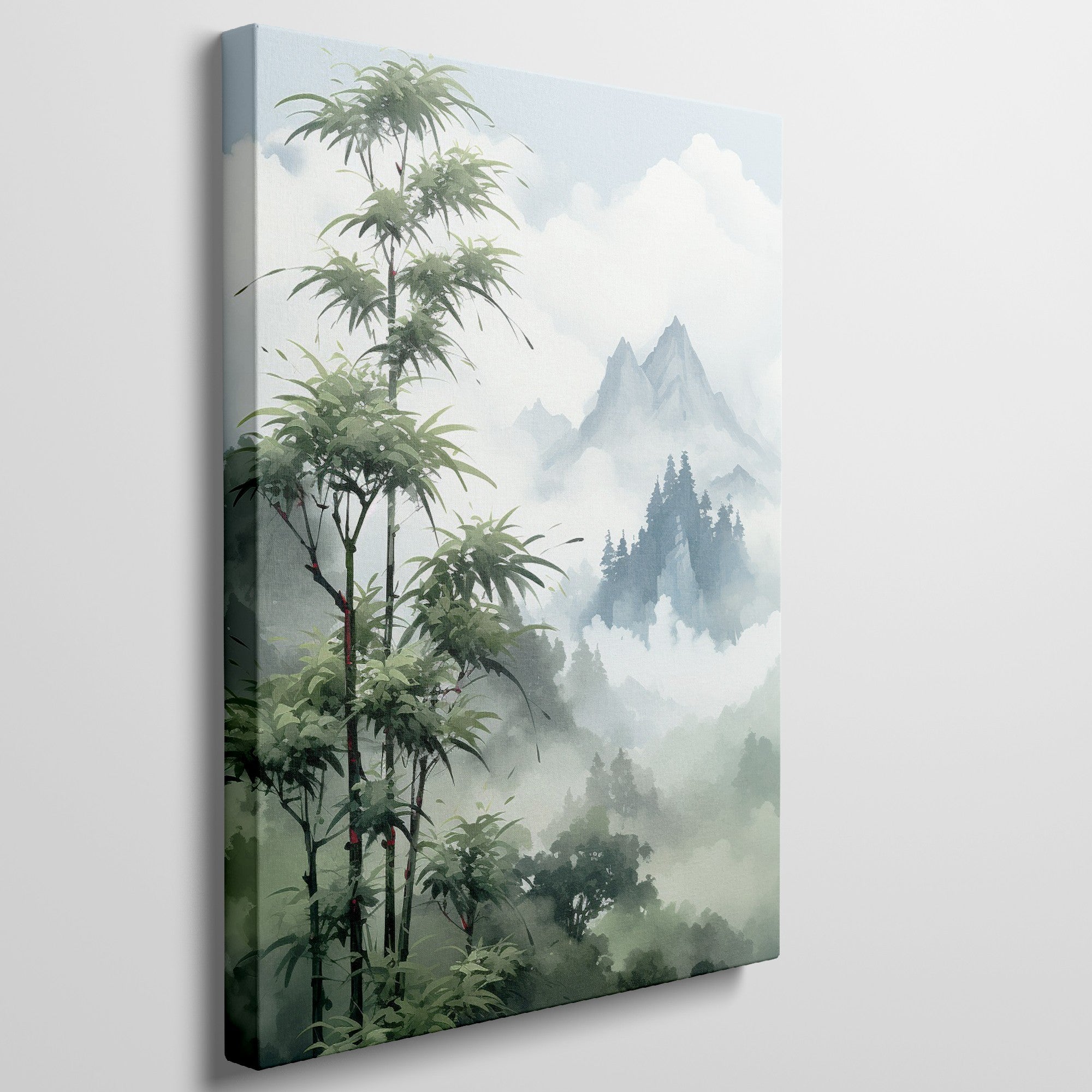 Framed canvas print of a misty bamboo forest with mountain peaks in the background