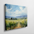 Framed canvas print of a scenic watercolor vineyard landscape with lush greenery and open sky