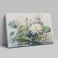 Framed canvas print of tranquil lotus flowers and water lilies on a serene pond