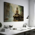 Framed canvas print of a serene Buddha statue in a Zen garden with waterfall