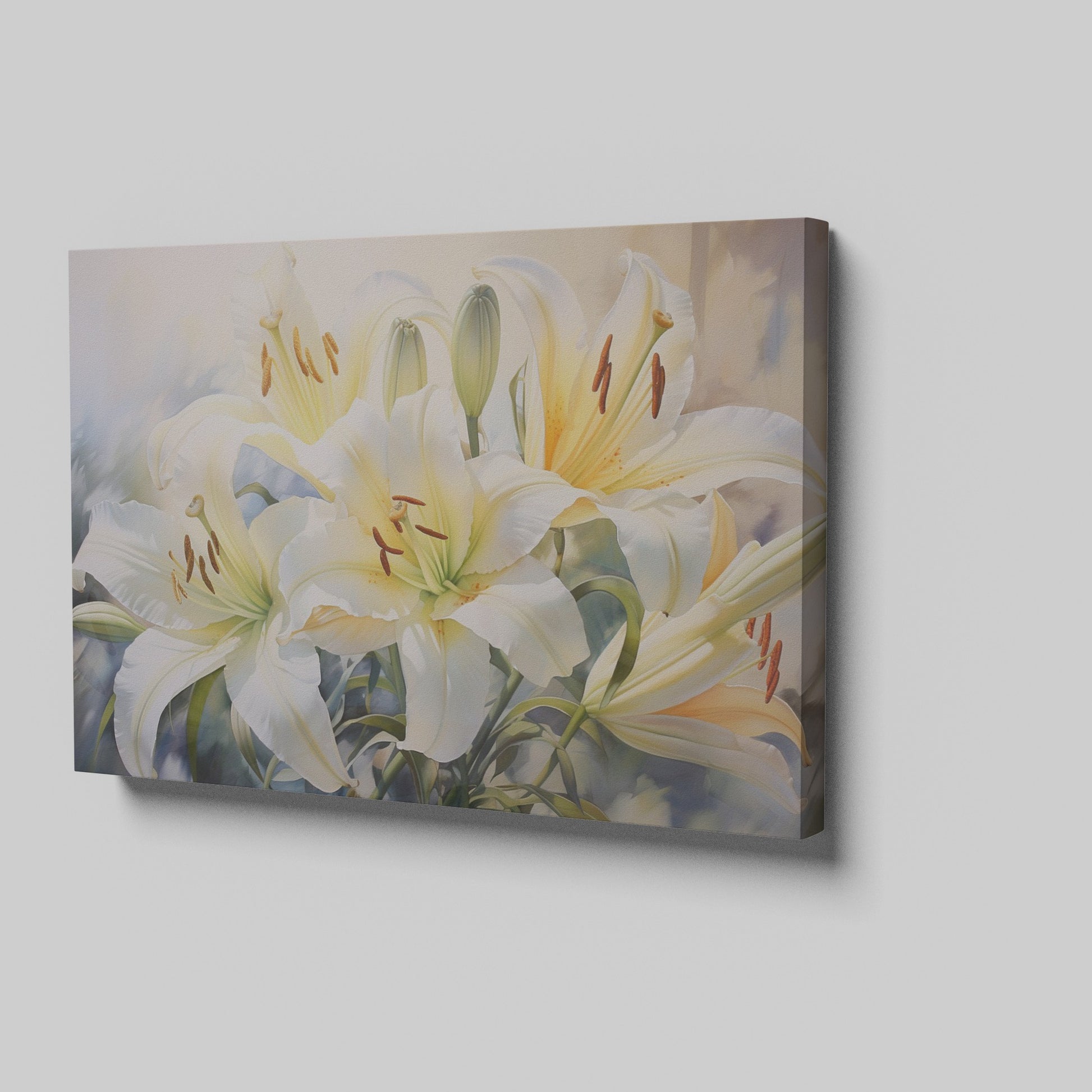 Framed canvas print of realistic white lily flowers with vibrant green foliage on a subtle background