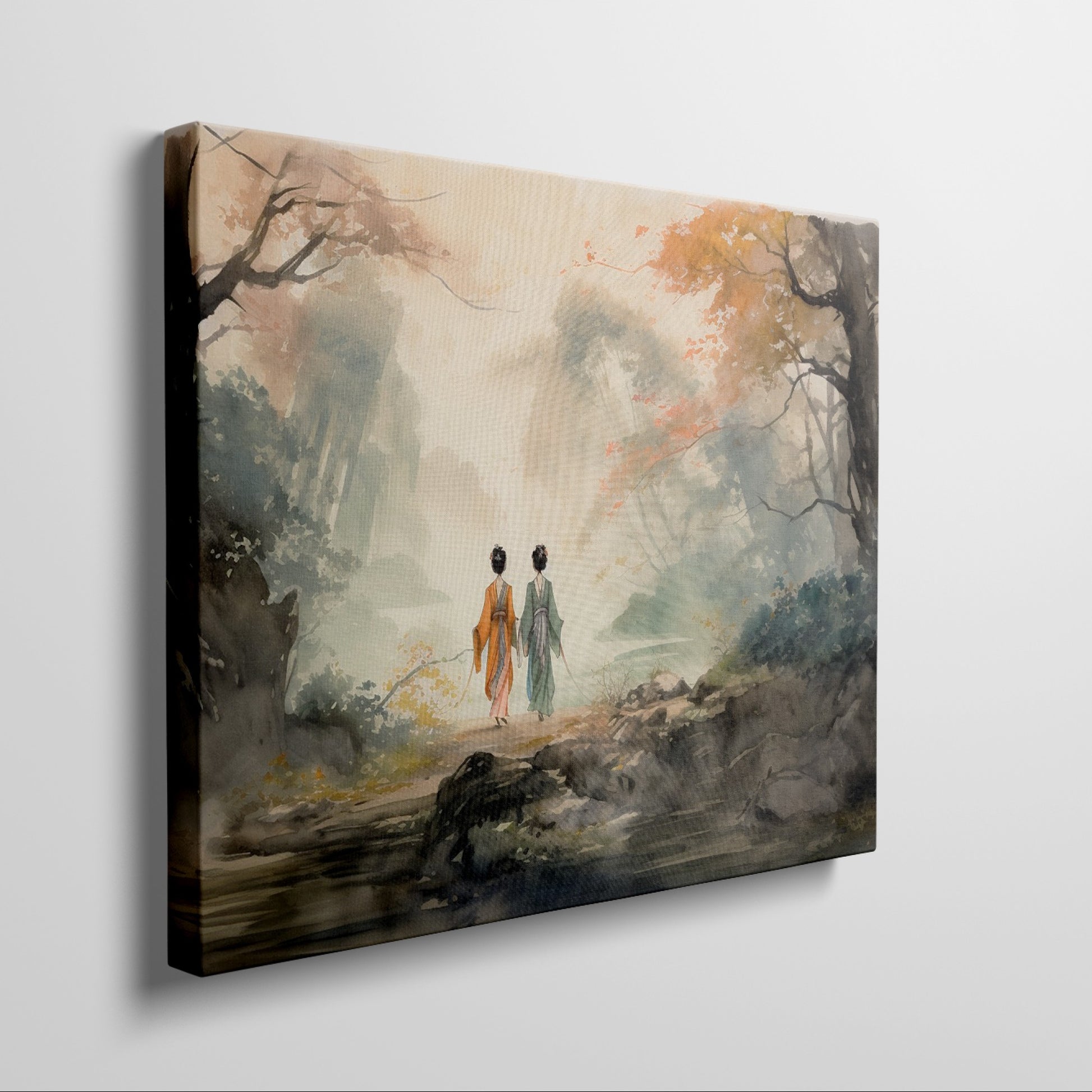 Watercolor painting of a couple walking in an autumnal Oriental landscape with misty background and vibrant foliage