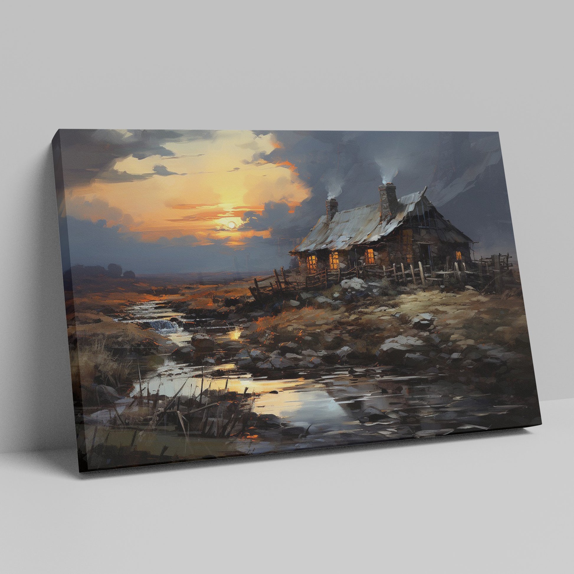 Framed canvas print of a rustic cottage with illuminated windows at sunset, set against a serene countryside landscape with a reflective creek.