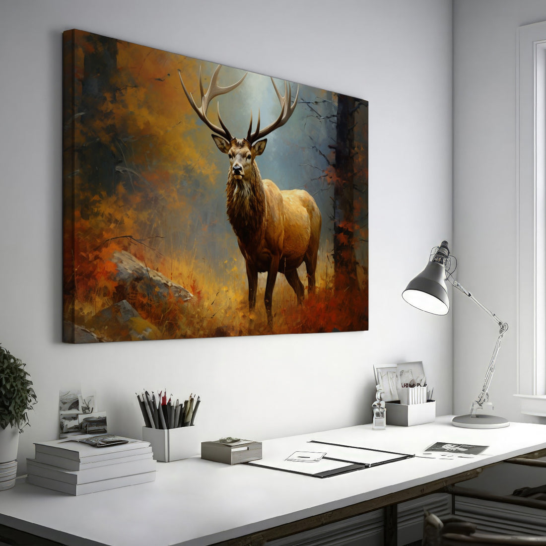 Framed canvas print of a majestic stag standing in an autumn forest with vibrant foliage