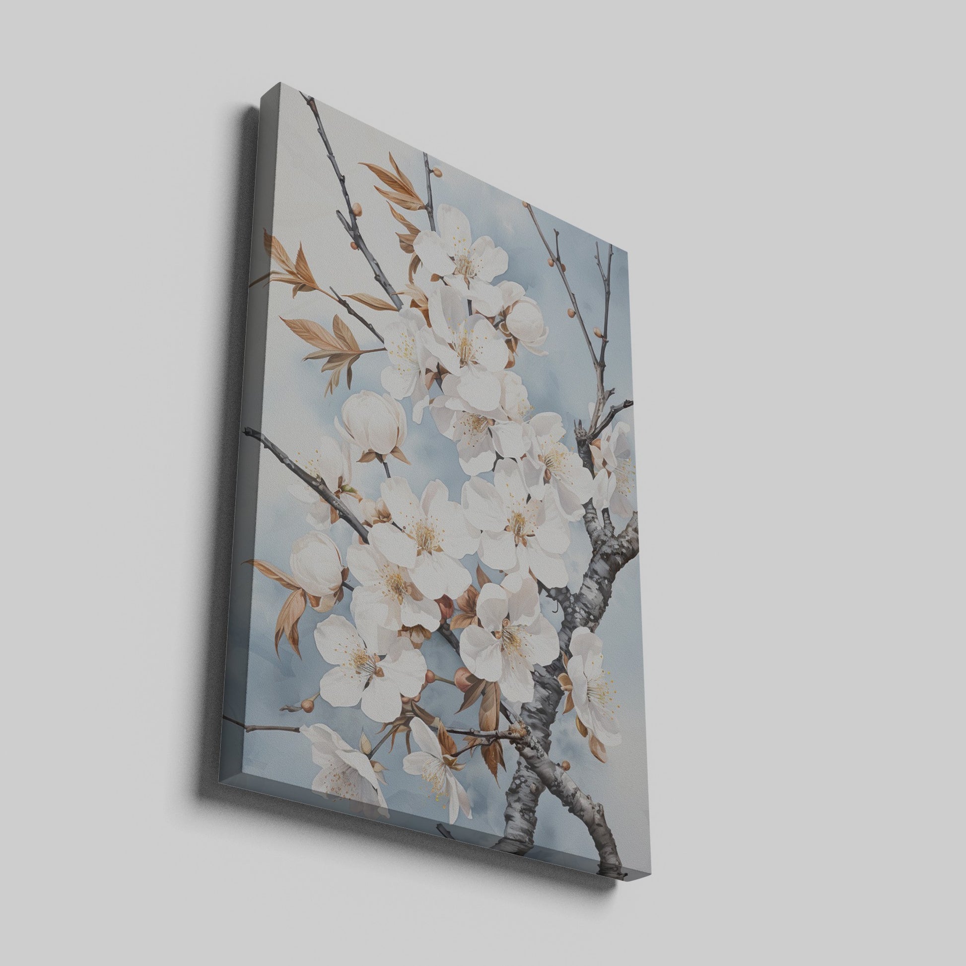 Framed canvas print of realistic cherry blossoms on a serene sky blue background