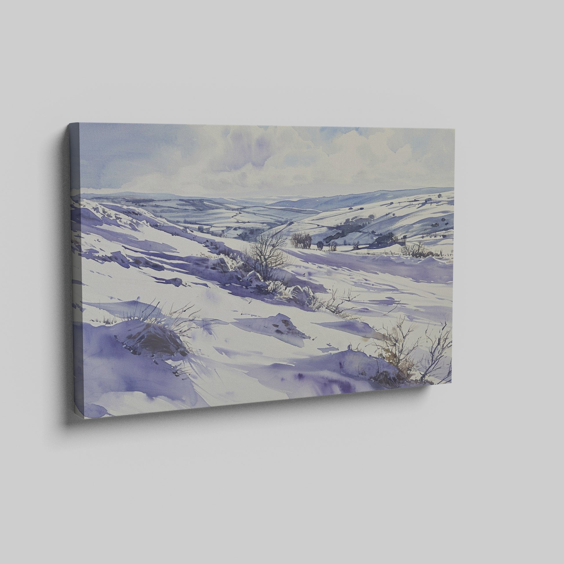 Framed canvas print of a serene winter landscape with snow-covered hills and valleys