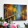 Framed canvas print of a rainy city street scene with vibrant colours and reflections