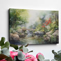 Framed canvas print of a serene Japanese garden with a bridge, waterfall, and flowers