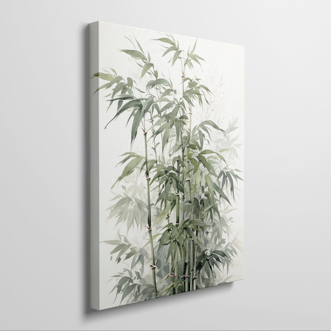 Framed canvas print of tranquil green bamboo with soft shading and delicate leaves