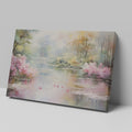 Framed canvas print of a serene impressionistic painting featuring a lake, azalea blooms, and a reflection of trees