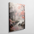 Framed canvas print of a misty forest stream with autumn cherry blossoms in pink and grey hues