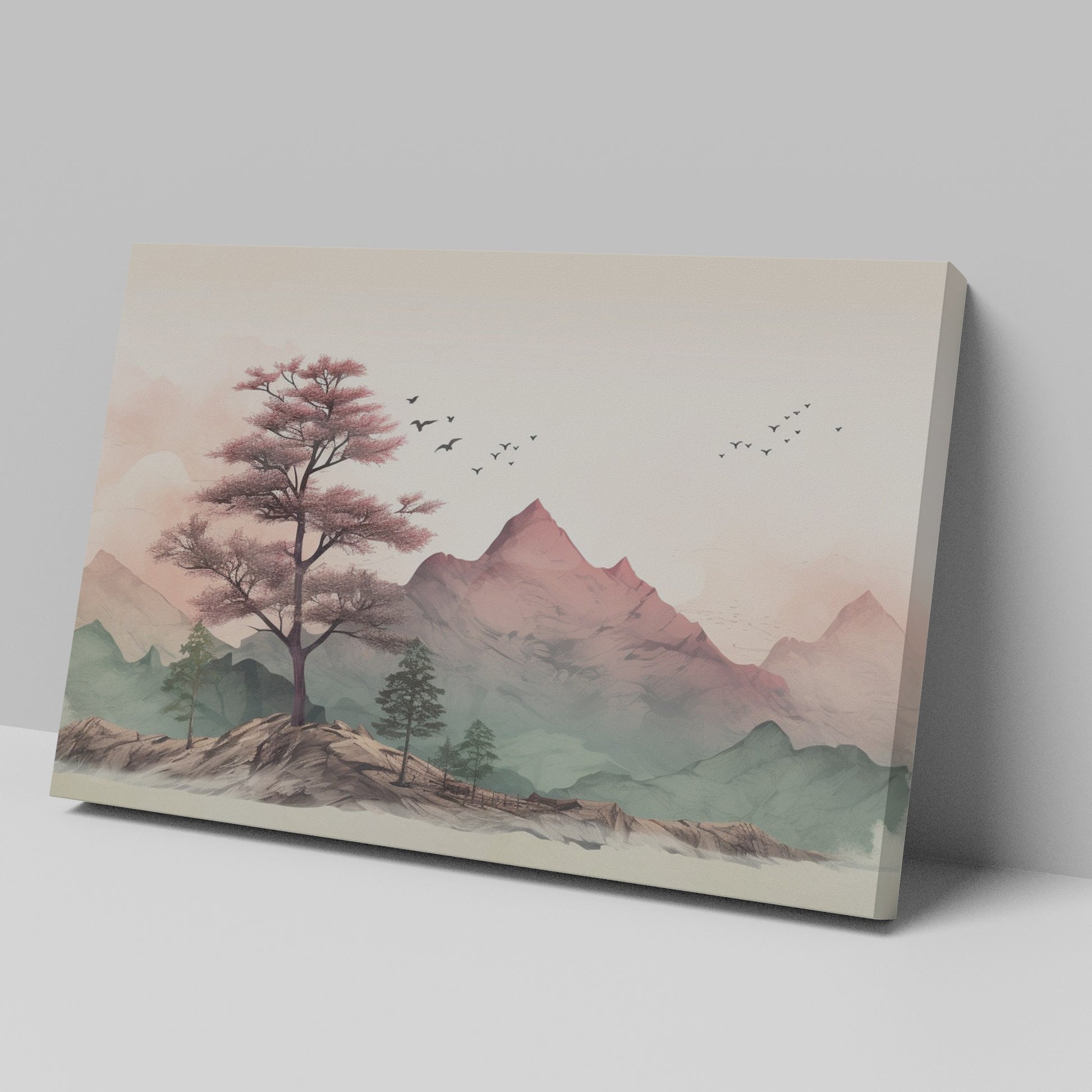 Framed canvas print of a tranquil mountain landscape with pastel colours and cherry blossoms