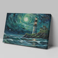 A canvas painting of a lighthouse on a cliff with a swirling starry sky and rough sea in shades of blue and green.