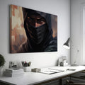 Framed canvas print of a mystic ninja warrior with an intense gaze and a shrouded dark veil.