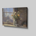 Framed canvas print of a rustic wildflower bouquet on a window sill, with soft morning light