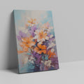 Framed canvas print of vibrant impasto style flowers with heavy texture in vivid orange and purple hues