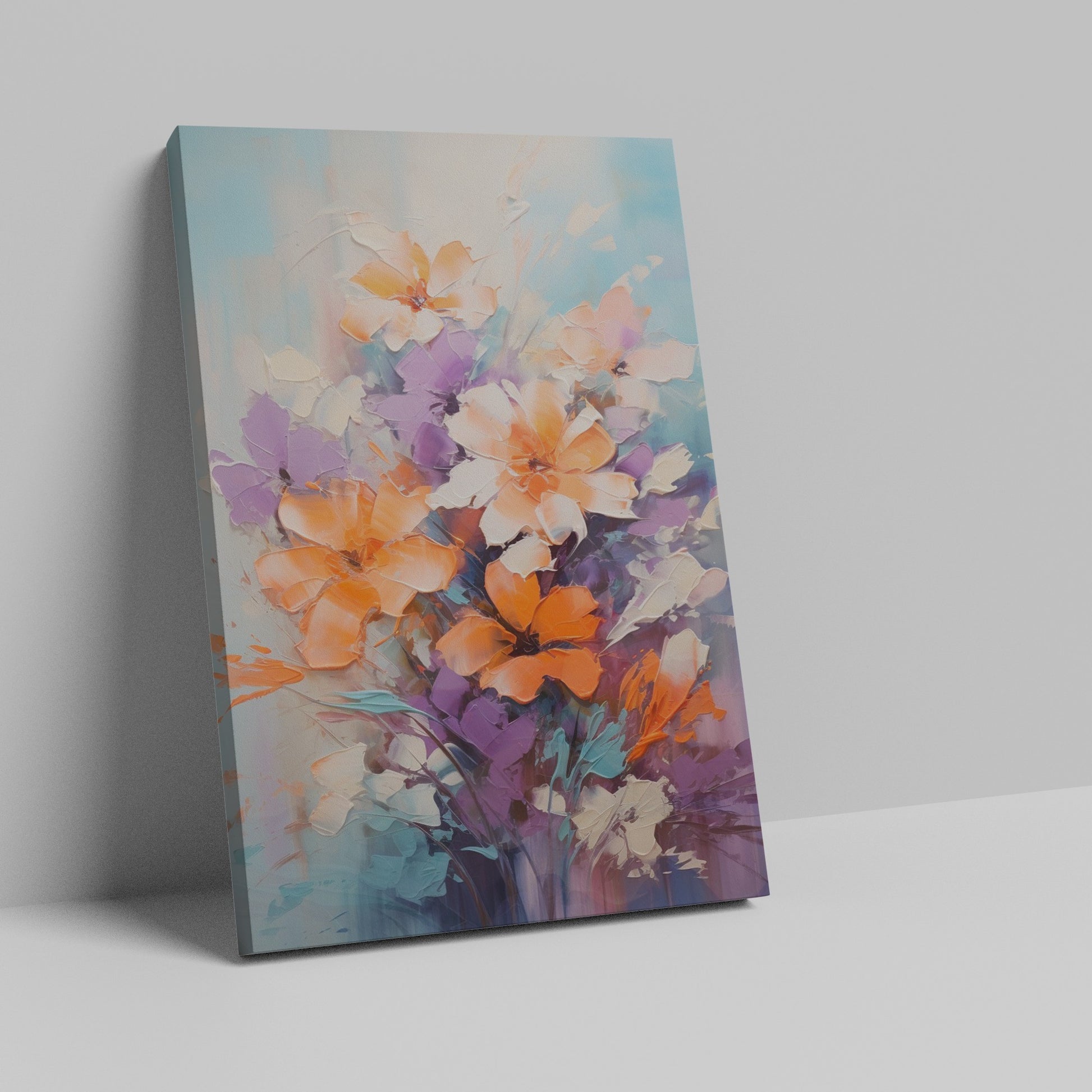 Framed canvas print of vibrant impasto style flowers with heavy texture in vivid orange and purple hues