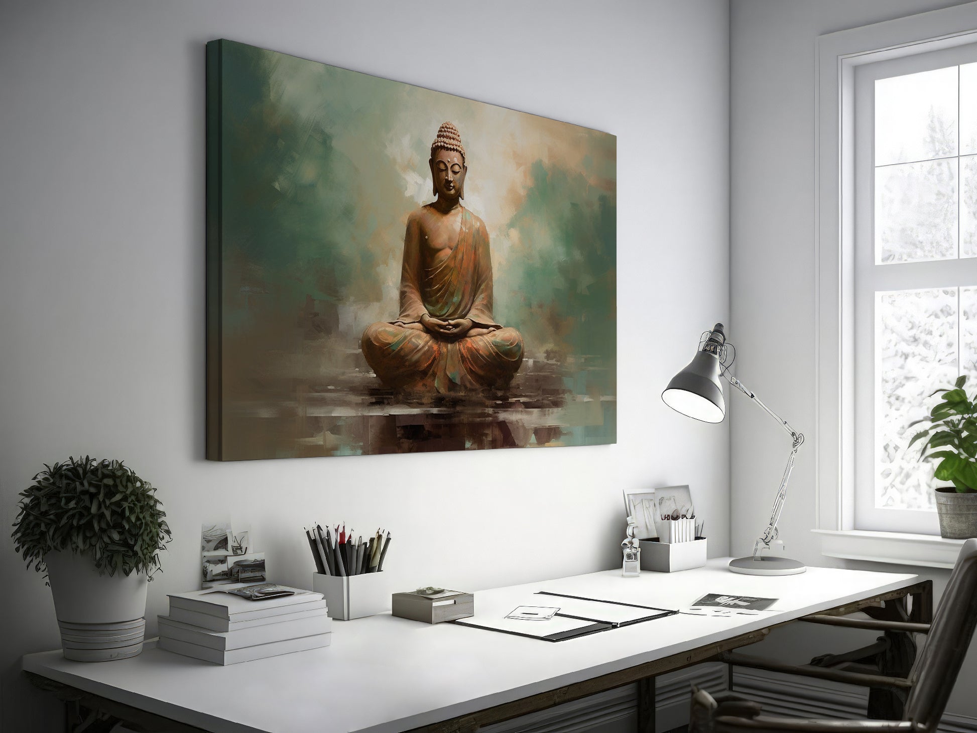 Framed canvas print of a meditative Buddha in earthy browns and soft blues