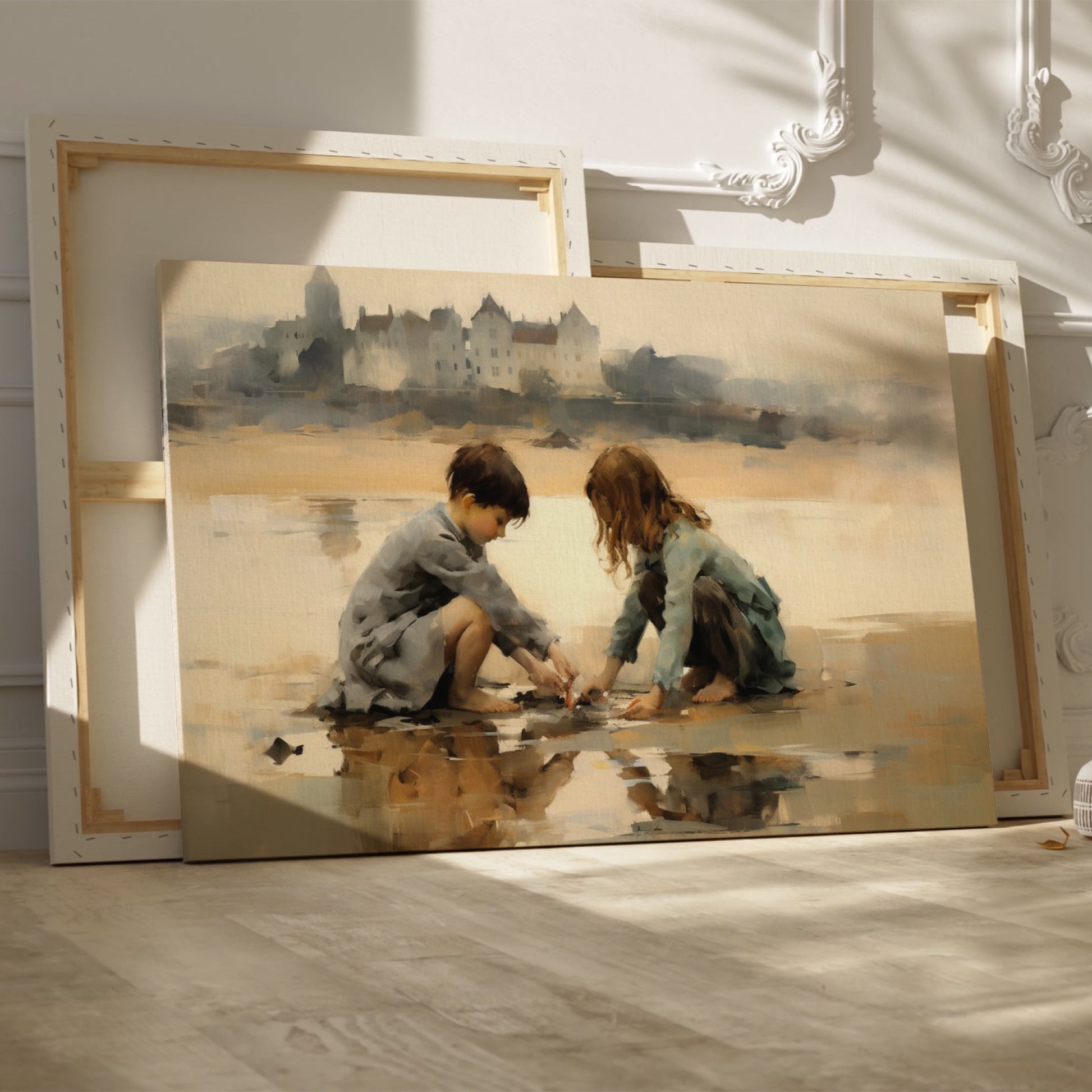 Framed canvas print of two children playing by the shore with a castle in the background