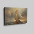 Framed canvas print of a classic sailing ship gliding through the ocean at sunset, with warm golden and amber tones in the sky